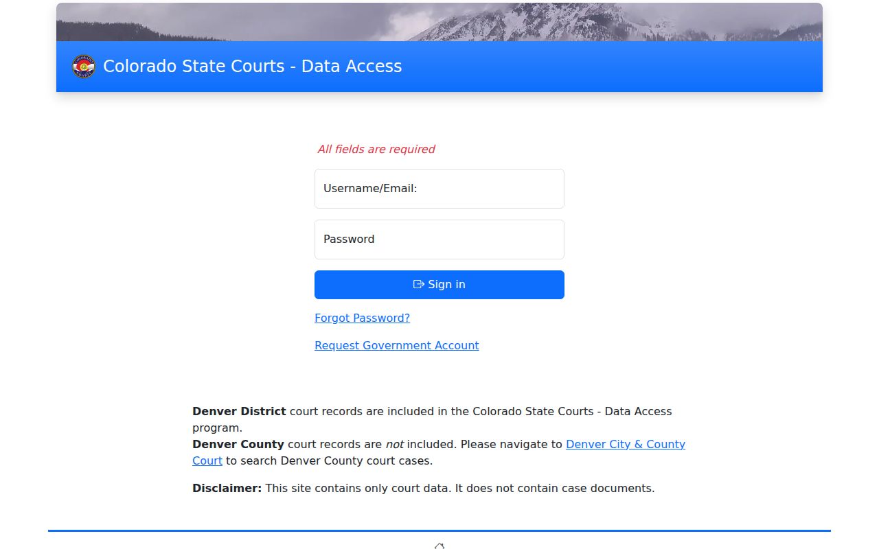Colorado State Courts Data Access screenshot