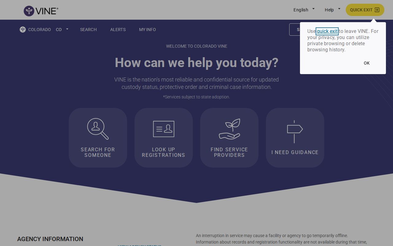 Colorado VINE state start page screenshot